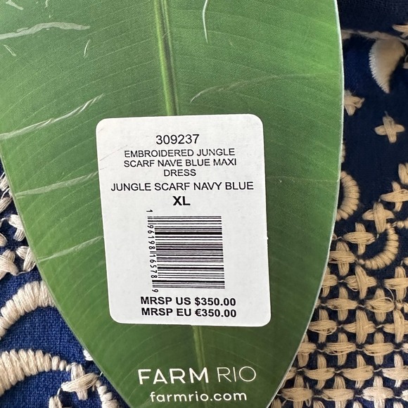 Farm Rio NWT SZXL The Jungle Scarf Blue White Embroidered Halter Maxi Dress Belt - Picture 10 of 16